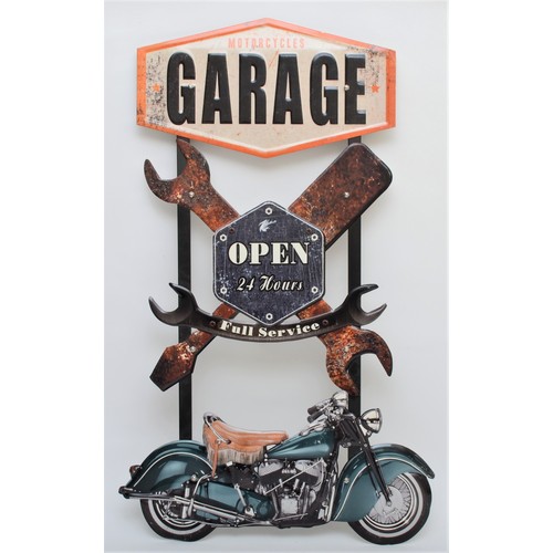 85 - A Motorcycle Garage Open, tin sign, 82 x 40cm