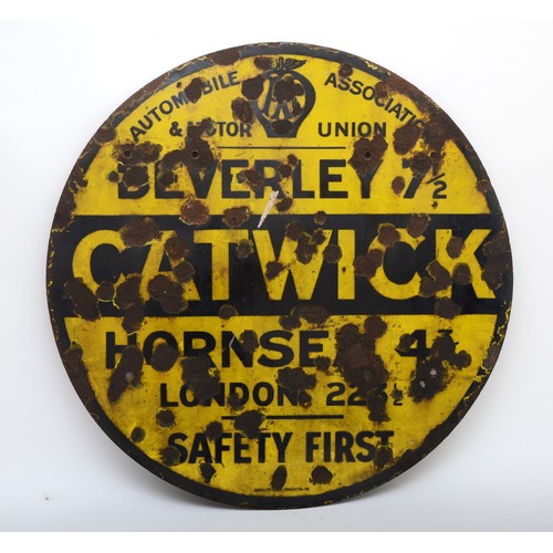 90 - An AA & Motor Union circular wall sign, CATWICK, 75cm diameter.
There were five series of AA & Motor... 