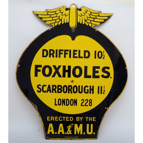 92 - An AA & Motor Union winged wall sign, FOXHOLES, 84 x 72cm.
There were five series of AA & Motor Unio... 