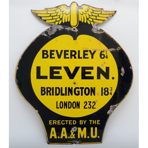 93 - An AA & Motor Union winged wall sign, LEVEN, 84 x 72cm.
There were five series of AA & Motor Union s... 