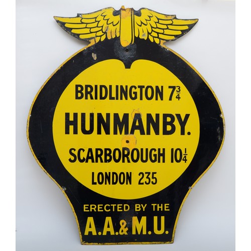 94 - An AA & Motor Union winged wall sign, HUNMANBY, 84 x 72cm.
There were five series of AA & Motor Unio... 