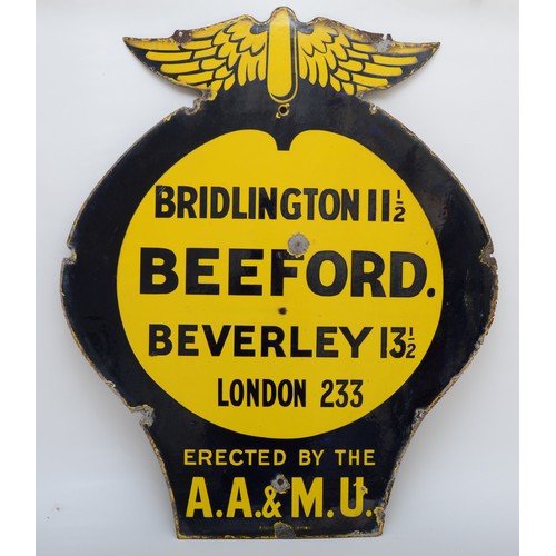 95 - An AA & Motor Union winged wall sign, BEEFORD, 84 x 72cm.
There were five series of AA & Motor Union... 