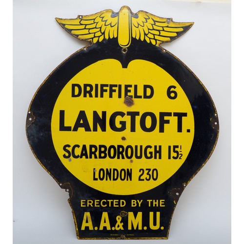 96 - An AA & Motor Union winged wall sign, LANGTOFT, 84 x 72cm.
There were five series of AA & Motor Unio... 