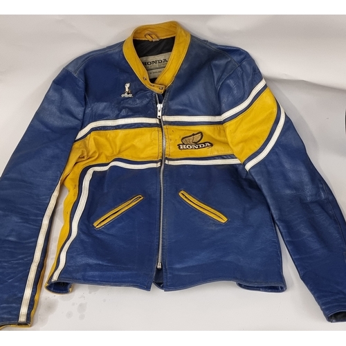 129 - A vintage Honda blue and yellow leather jacket, c.1970's, size 44/112cm