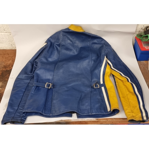 129 - A vintage Honda blue and yellow leather jacket, c.1970's, size 44/112cm