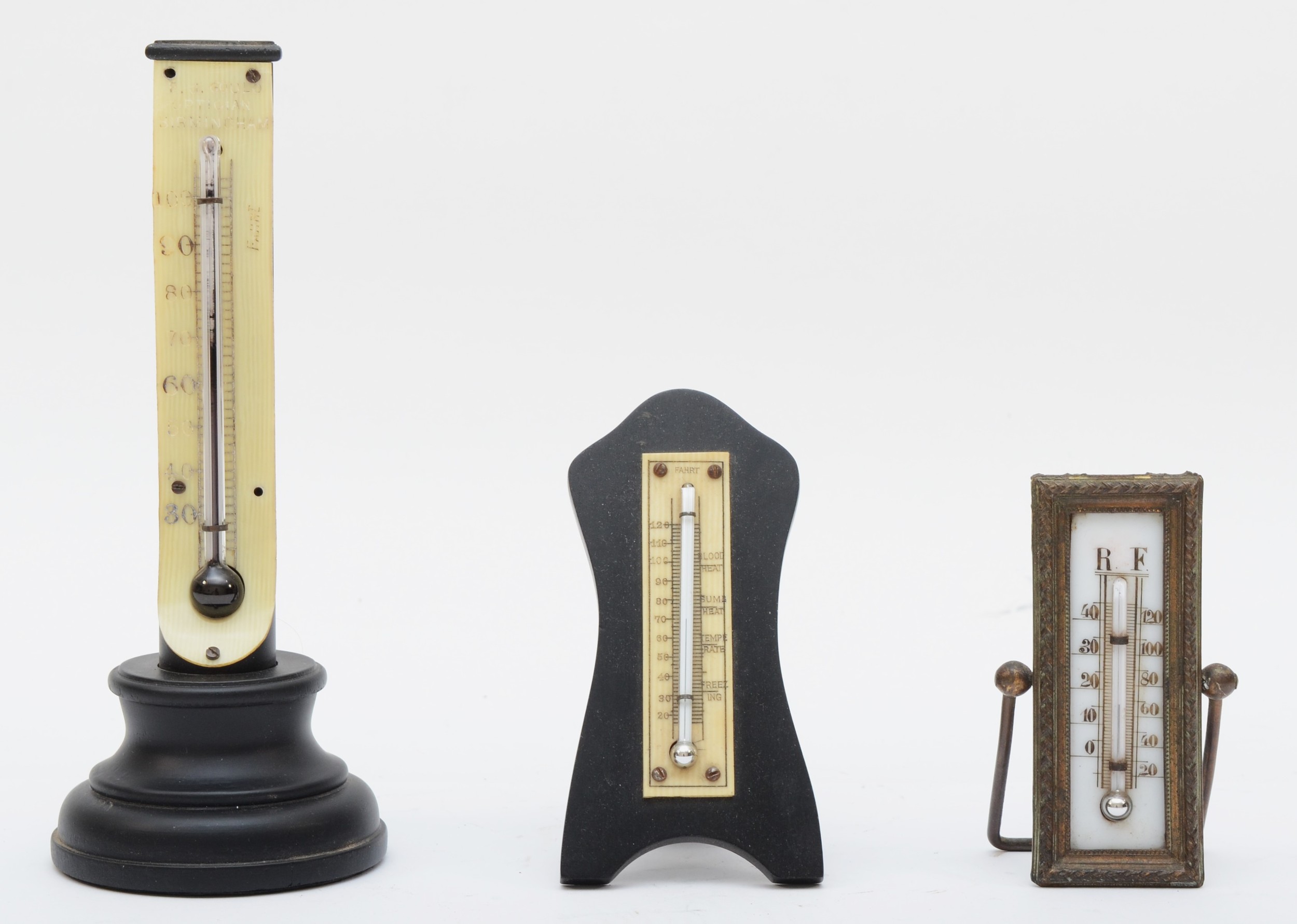 A F.J. Gold Optician Birmingham desk thermometer, 17cm tall