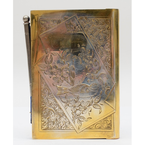 25 - A Victorian silver gilt note book case, by S. Mordan, London 1882, engraved with birds amongst folia... 