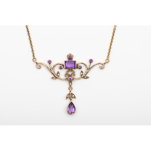 86 - A 9ct gold amethyst and brilliant cut diamond Victorian style scroll necklace, with pear shape drop ... 