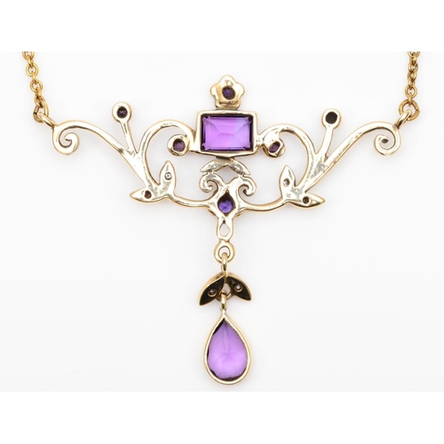 86 - A 9ct gold amethyst and brilliant cut diamond Victorian style scroll necklace, with pear shape drop ... 