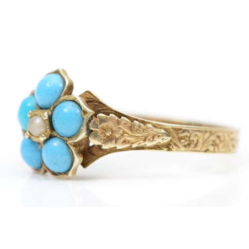 90 - A Victorian gold , turquoise glass and half pearl cluster ring, tests as 9ct gold, floral engraved s... 