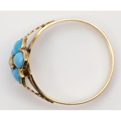 90 - A Victorian gold , turquoise glass and half pearl cluster ring, tests as 9ct gold, floral engraved s... 