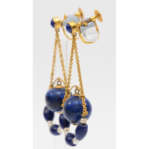 95 - An Edwardian 9ct gold pair of lapis lazuli and pearl ear pendants, length 40mm, 8.4gm