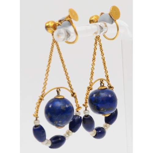 95 - An Edwardian 9ct gold pair of lapis lazuli and pearl ear pendants, length 40mm, 8.4gm