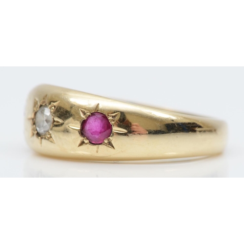 96 - A 9ct gold  Edwardian style ruby and diamond ring, Birmingham 1989, star gypsy set with brilliant cu... 