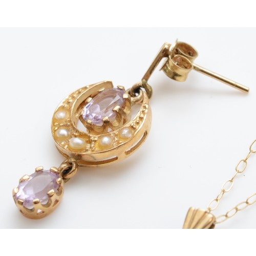 103 - A vintage Victorian style 9ct gold amethyst and half pearl pendant and ear ring suite, Sheffield 199... 