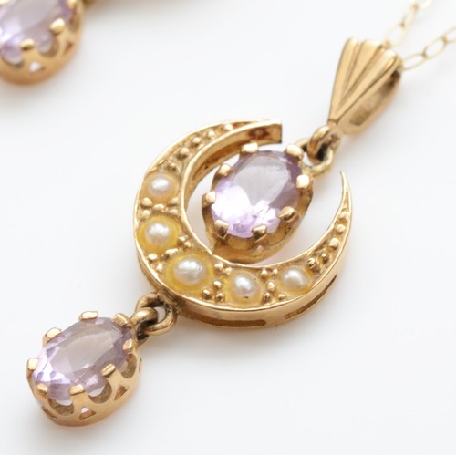 103 - A vintage Victorian style 9ct gold amethyst and half pearl pendant and ear ring suite, Sheffield 199... 