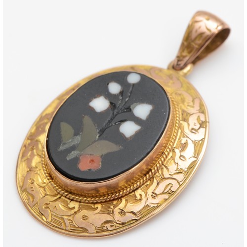 104 - A Victorian rose gold and pietra dura oval pendant, tests as 9ct gold, floral engraved border and ba... 