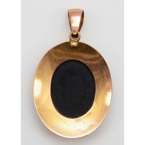 104 - A Victorian rose gold and pietra dura oval pendant, tests as 9ct gold, floral engraved border and ba... 