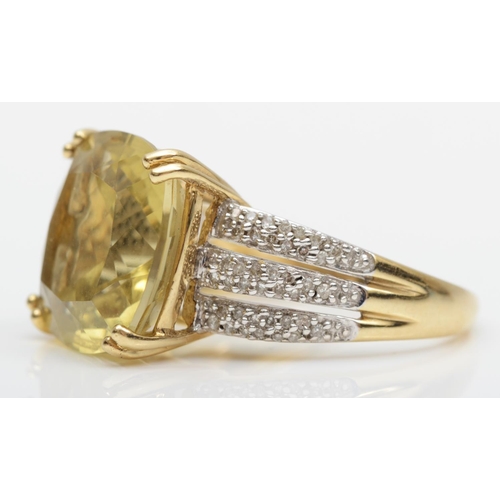 140 - A 9ct gold citrine and diamond dress ring, claw set with a mixed cut stone, 14 x 14mm, diamond set s... 