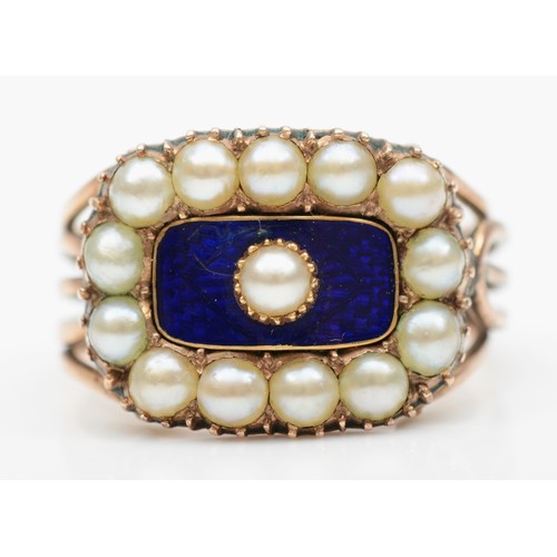 155 - A George III rose gold, blue enamel and half pearl mourning ring, c.1820, unmarked, with wirework sh... 