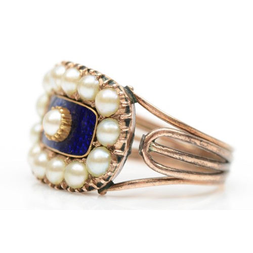 155 - A George III rose gold, blue enamel and half pearl mourning ring, c.1820, unmarked, with wirework sh... 