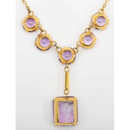 178 - A 9ct gold and amethyst necklace, the rectangular drop, 12 x 10mm, with five brilliants above, 40cm,... 