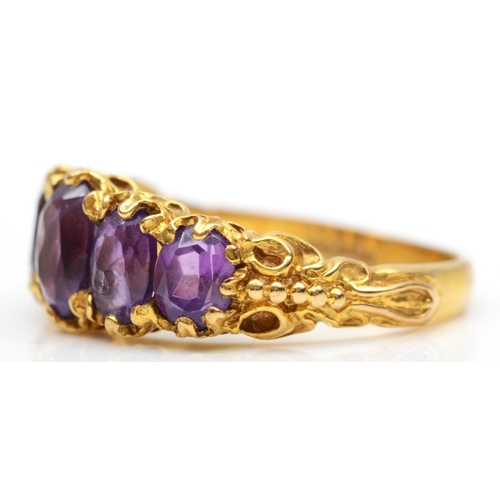 187 - A vintage 9ct gold five stone amethyst ring, fancy claw set with graduated stones, P, 3.9gm