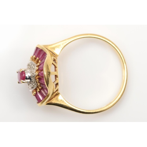 153 - A 14K gold ruby and diamond cluster ring, P 1/2, 4.1gm