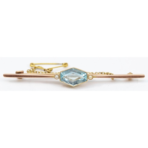 151 - An Edwardian 9ct rose gold aquamarine and half pearl bar brooch, 9ct tab, 65mm and another 9ct gold ... 