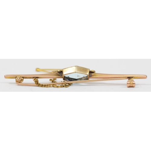 151 - An Edwardian 9ct rose gold aquamarine and half pearl bar brooch, 9ct tab, 65mm and another 9ct gold ... 