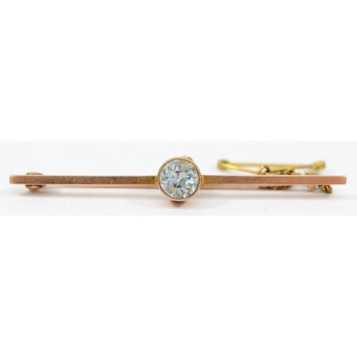 151 - An Edwardian 9ct rose gold aquamarine and half pearl bar brooch, 9ct tab, 65mm and another 9ct gold ... 