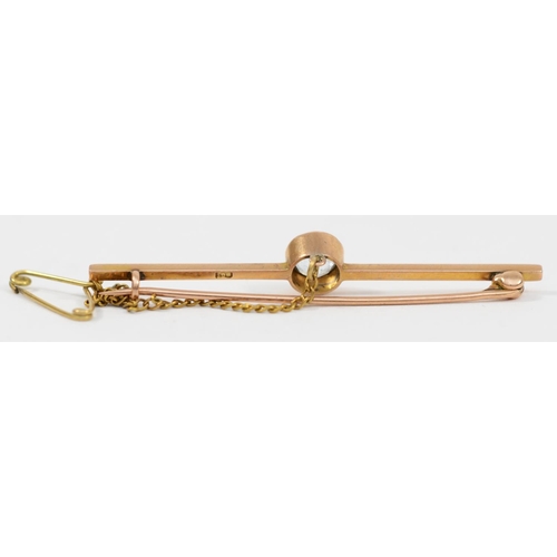 151 - An Edwardian 9ct rose gold aquamarine and half pearl bar brooch, 9ct tab, 65mm and another 9ct gold ... 