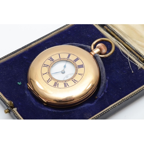 196 - Waltham, a gold plated keyless wind half hunter pocket watch, white enamel dial with Roman numerals ... 