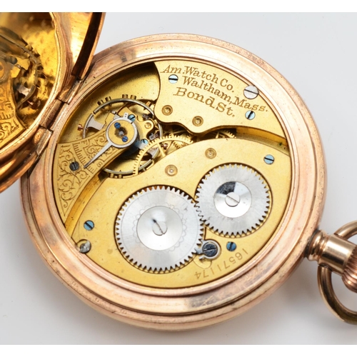 196 - Waltham, a gold plated keyless wind half hunter pocket watch, white enamel dial with Roman numerals ... 