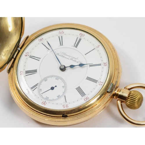 195 - Waltham, a gold plated key less wind half hunter pocket watch, c.1896, the two part dial signed Amer... 