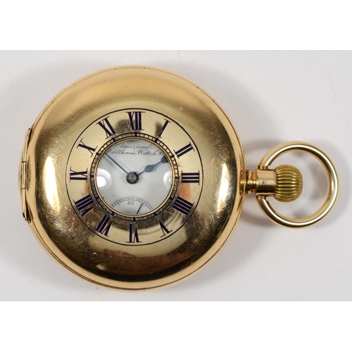 195 - Waltham, a gold plated key less wind half hunter pocket watch, c.1896, the two part dial signed Amer... 