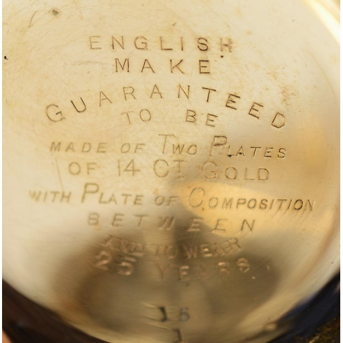 195 - Waltham, a gold plated key less wind half hunter pocket watch, c.1896, the two part dial signed Amer... 