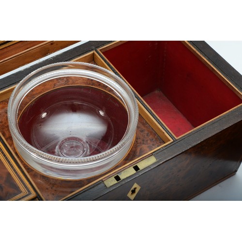 227 - A Georgian burr walnut tea caddy, with boxwood inlay, opening to reveal two compartments and a perio... 