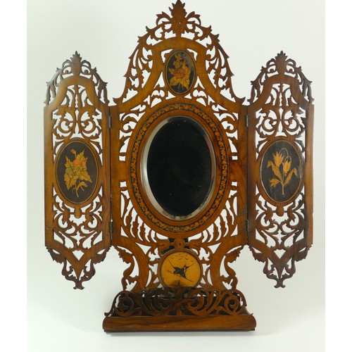 230 - A late 19th century walnut vanity mirror, chased tri-fold panels hand carved with floral inlay decor... 