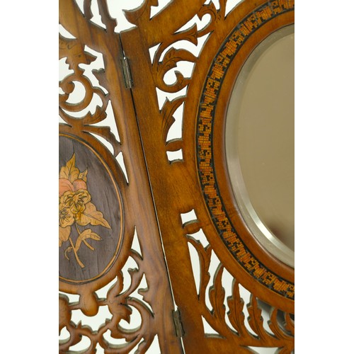 230 - A late 19th century walnut vanity mirror, chased tri-fold panels hand carved with floral inlay decor... 