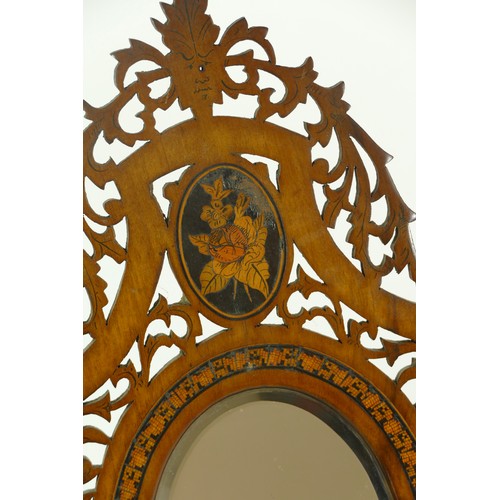 230 - A late 19th century walnut vanity mirror, chased tri-fold panels hand carved with floral inlay decor... 