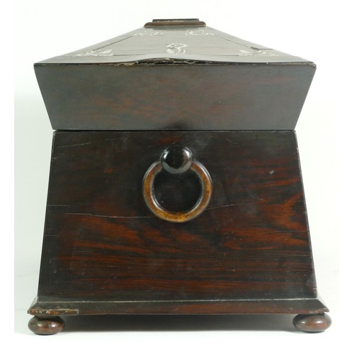 232 - A Victorian burr walnut sarcophagus-form tea caddy, having inset mother of pearl decoration, with tw... 