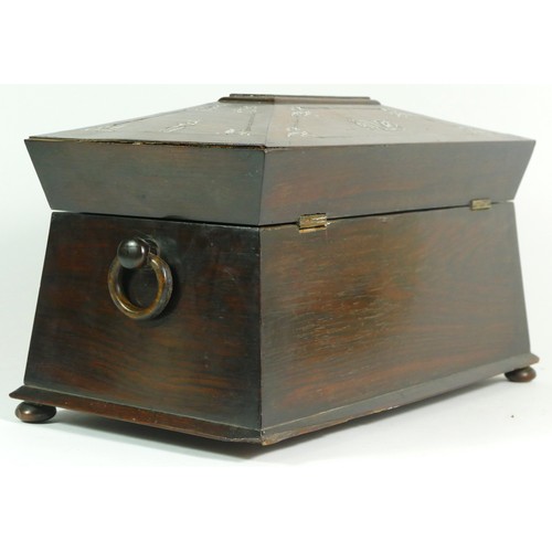 232 - A Victorian burr walnut sarcophagus-form tea caddy, having inset mother of pearl decoration, with tw... 