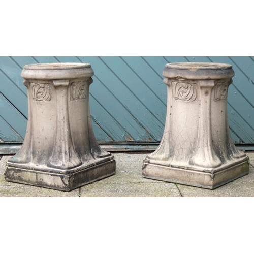 240 - A pair of Leeds Fireclay Lefco Ware jardiniere and stands, the tapering square section stands cast w... 