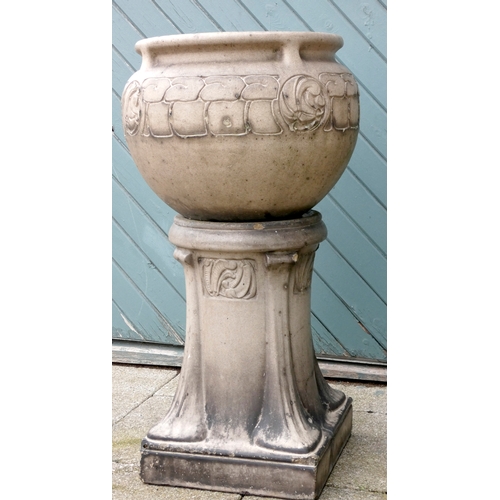 240 - A pair of Leeds Fireclay Lefco Ware jardiniere and stands, the tapering square section stands cast w... 