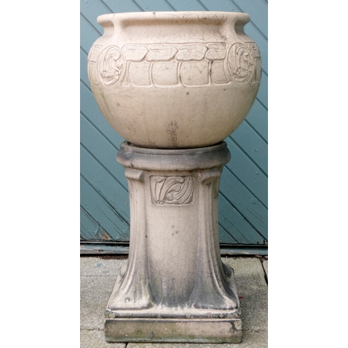 240 - A pair of Leeds Fireclay Lefco Ware jardiniere and stands, the tapering square section stands cast w... 