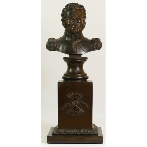 243 - A 19th century pair of bronze Germanic Generals busts, raised on plinths, 33cm