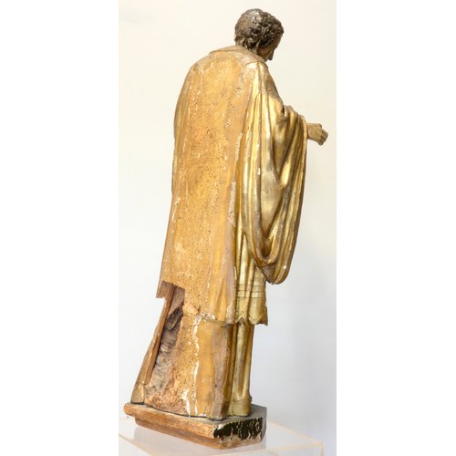 244 - A continental sculpted and gilt painted limewood model of a saint, in the 16th century style, 101cm.