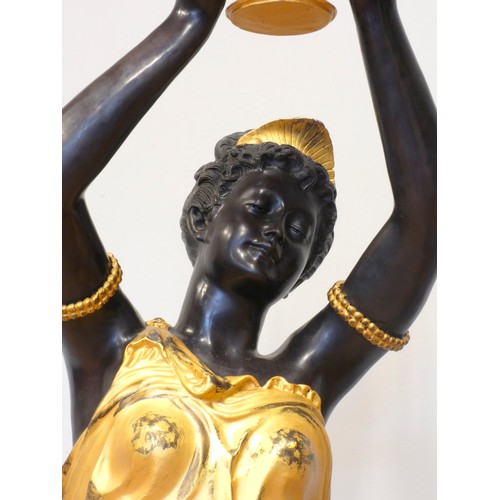 248 - An impressive pair of cast bronze female Blackamoor torcheres, the ladies in gilt dresses holding bo... 