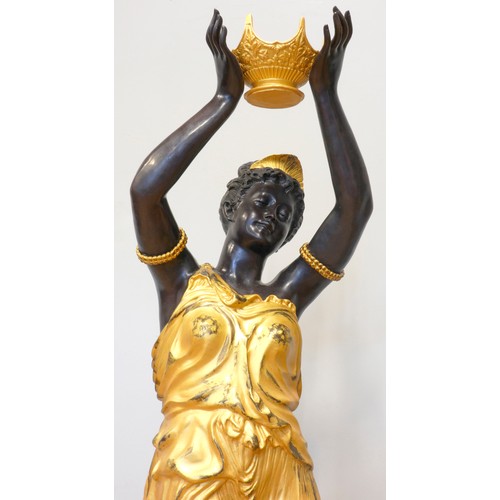 248 - An impressive pair of cast bronze female Blackamoor torcheres, the ladies in gilt dresses holding bo... 